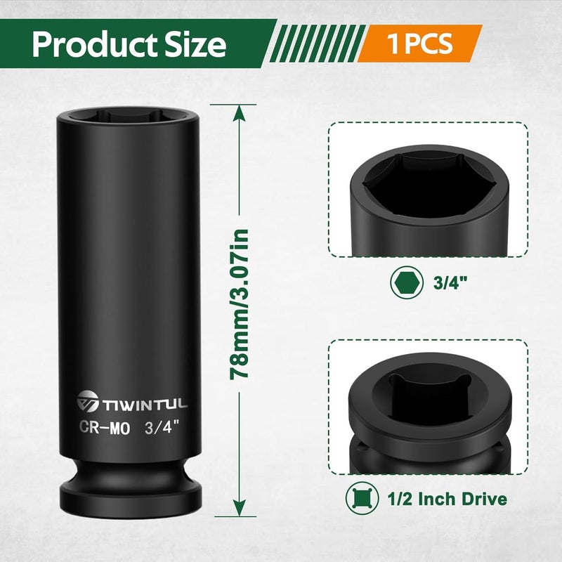 TIWINTUL 3/4" Impact Socket 1/2 Inch Drive, Deep CR-MO Steel Impact Socket, 3.07" Length, 6 Point Design, SAE Size Socket for Automotive and Mechanical Equipment Maintenance - Image 1